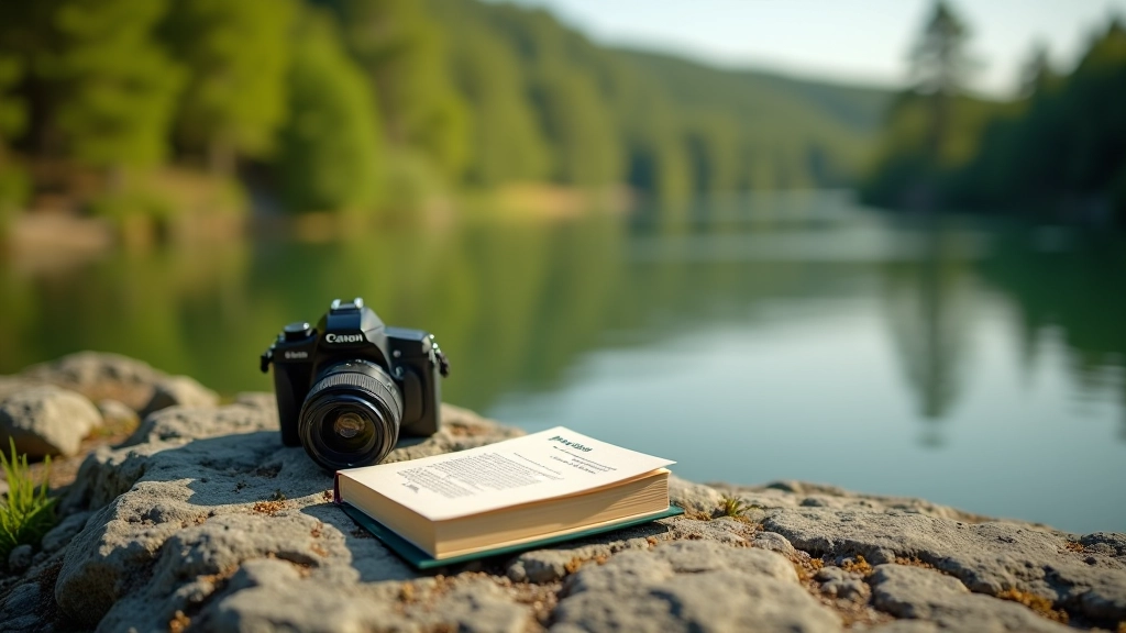 Field guide book and camera sitting on moss-covered rock overlooking forest and water landscape